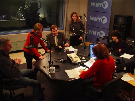 Preparing for the Radio Times episode: at the table from left, Bob Moul, myself, Roseann Rosenthal and host Marty Moss-Coane